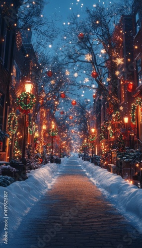 Snowy Christmas street, festive lights, winter wonderland, holiday card