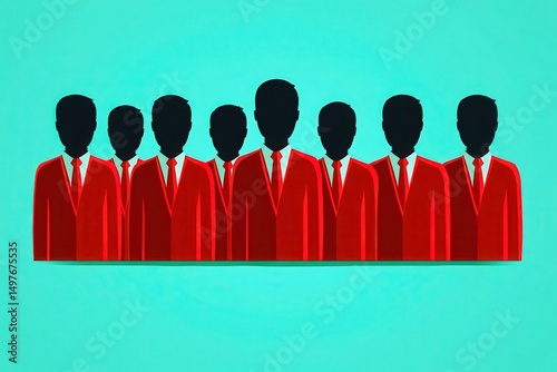 Diverse Team of Professional People in Red Suits Standing Together Against a Bright Turquoise Background Representing Unity and Collaboration in Business