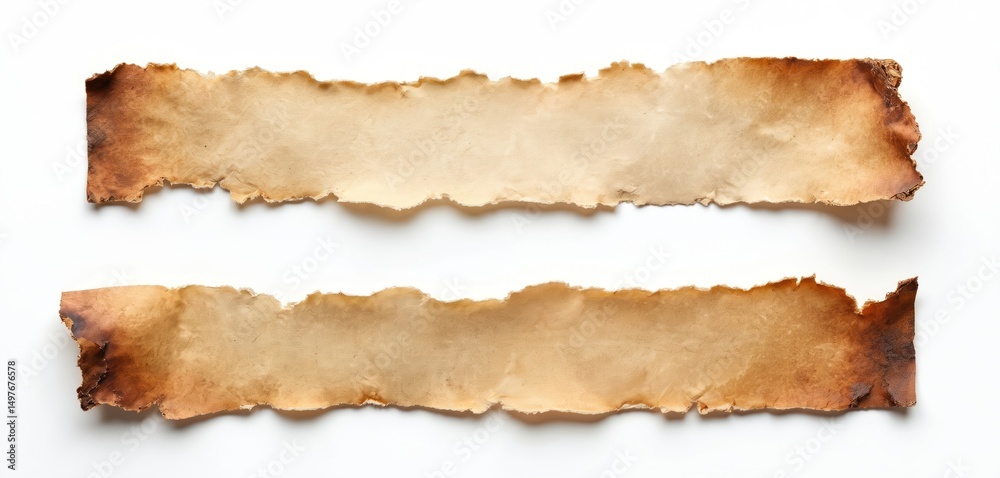 Fototapeta premium Torn paper strips isolated white background. Burnt edges, vintage paper texture. Rough, old paper, blank space for message. Retro design element for scrapbook, journal pages, collage.