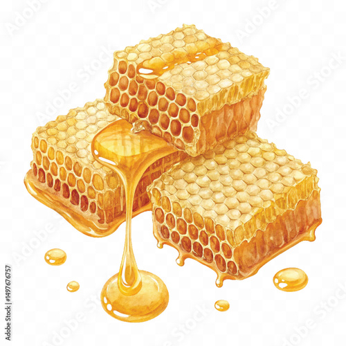 realistic smooth glossy honeycombs with liquid honey drops isolated on transparent background