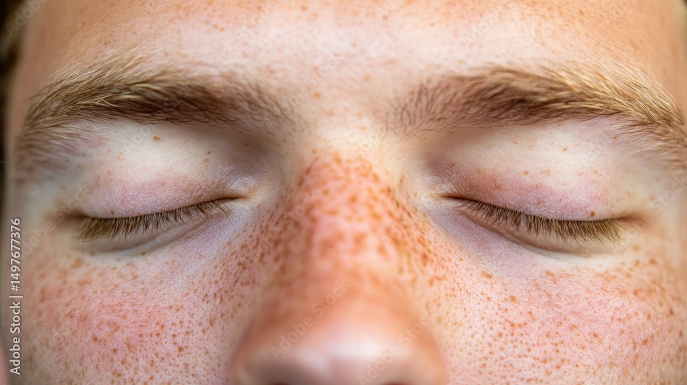 Fototapeta premium Close-up of a freckled face with eyes closed.