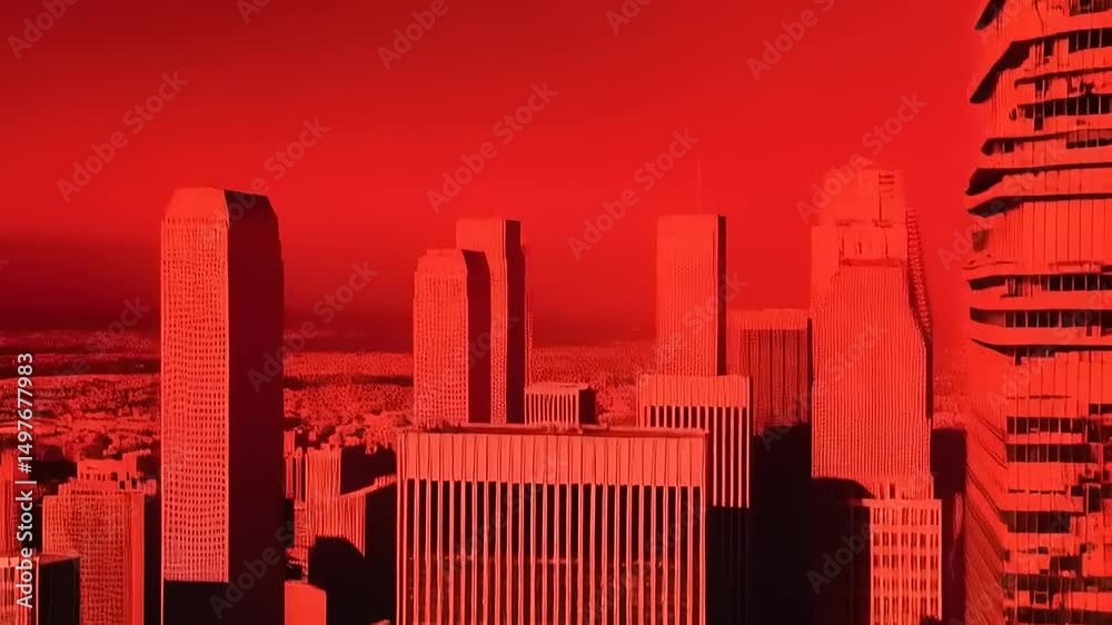 Crimson watch: Armed figures guarding an urban skyline under intense red sky