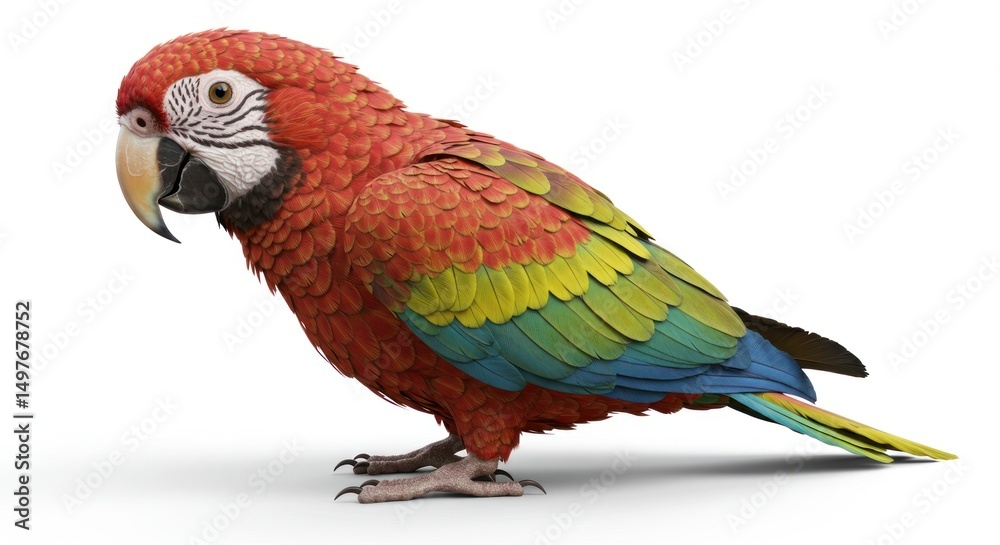 Fototapeta premium Colorful parrot stands on a white surface casting a shadow.