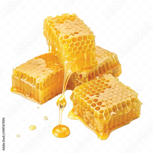 realistic smooth glossy honeycombs with liquid honey drops isolated on transparent background