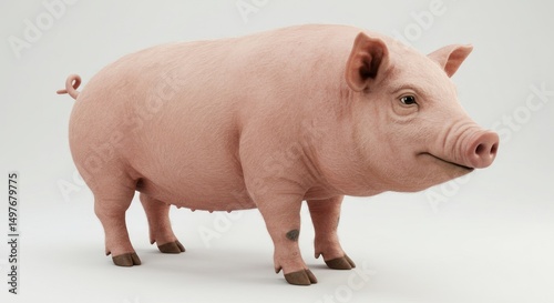 Pink pig standing on a white background facing right in a studio shot. photo