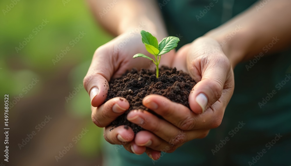 Hands holding young green sprout in soil. Eco concept representing new life growth, sustainable future. Symbol of growth, care, environmental conservation, nature, spring, hope, development, planet. Hands holding young green sprout in soil. Eco concept representing new life growth, sustainable future. Symbol of growth, care, environmental conservation, nature, spring, hope, development, planet.