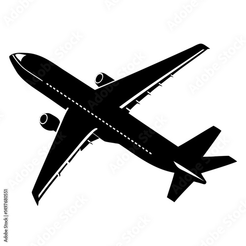 A modern passenger airplane black vector illustration on a transparent background