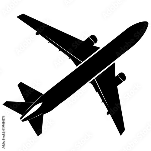 A modern passenger airplane black vector illustration on a transparent background