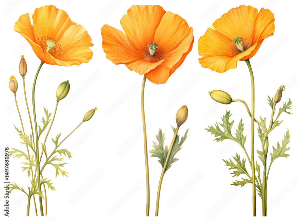 Fototapeta premium PNG Vibrant orange poppy illustration, element set on transparent background