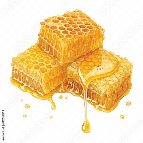 realistic smooth glossy honeycombs with liquid honey drops isolated on transparent background