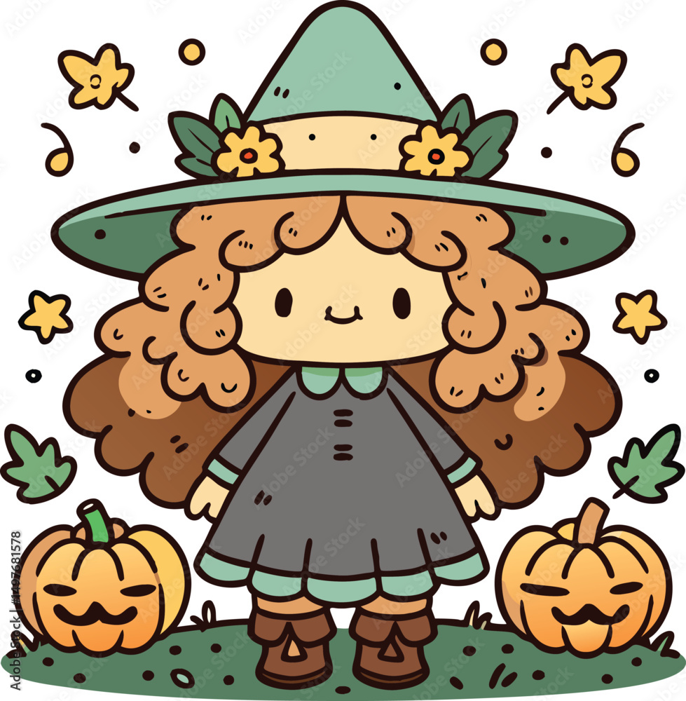 Fototapeta premium A cute little witch girl with fluffy light brown hair.