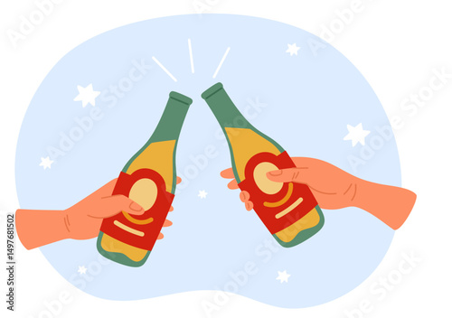 Two hands holding beer bottles. Buddies drink alcohol at bar. Arms clinking ale glasses. Boozer friends toast. Holiday cheers. Pub party. Celebrate gesture. Foam beverage. Vector concept