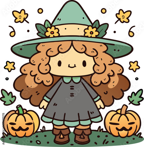A cute little witch girl with fluffy light brown hair.