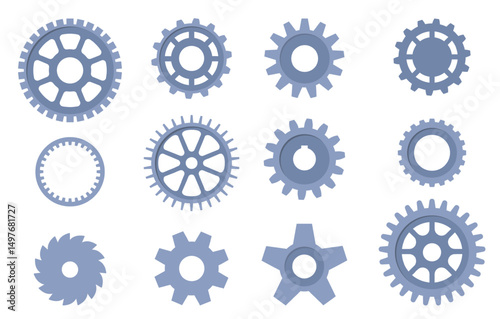 Metal mechanical gears. Silhouette cogwheels. Engineering construction. Engine repair. Mechanism assemble. Industrial equipment. Spinning cog wheel icon. Vector flat rotate circles set
