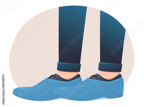Mandatory use protective covers for dirty street shoes. Disposable overshoes. Human legs with galoshes. Footwear protection. Hospital hygiene. Plastic protector. Vector attention banner