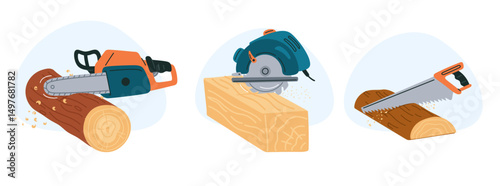 Lumberjacks or carpenters tools. Building or repair. Industrial chainsaw. Electric saw. Wood hacksaw. Electric saw. Chopping boards. Wooden material cutting. Woodcutter equipment vector set