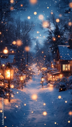 Snowy village street, glowing lanterns, winter night, festive mood, holiday card