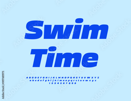 Vector Creative icon Swim Time. Bright Blue Font. Typography Minimal Alphabet Letters and Numbers set.