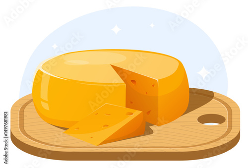 Large piece yellow cheese with slice cut off lies on wooden cutting board. Dairy food. Delicious snack chunk. Gourmet product. Cheddar and parmesan appetizer on timber desk. Vector concept