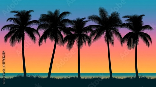 Silhouette Palm Trees at Sunset Tropical Beach Illustration, Palm, Tropical