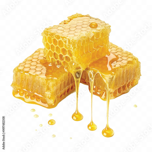 realistic smooth glossy honeycombs with liquid honey drops isolated on transparent background