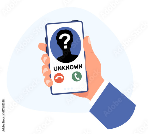 Hand holding smartphone with incoming call from unknown caller on screen. Number identification. Mobile phone communication. Accept or decline button. Stranger connection. Vector concept