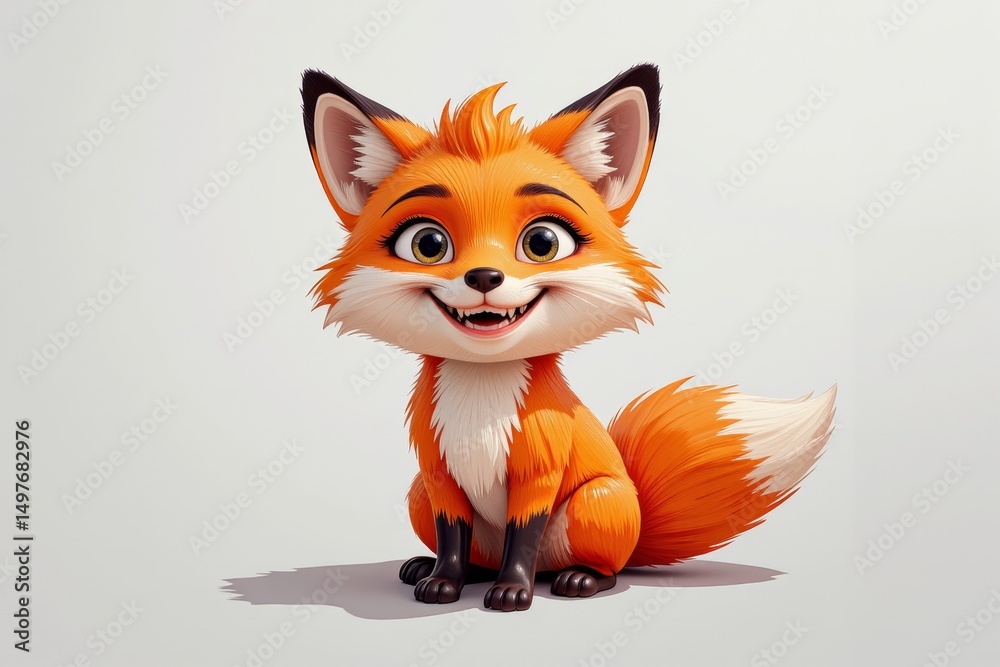 Obraz premium A cheerful cartoon fox with vibrant orange fur and a fluffy tail sits smiling isolated on White Background