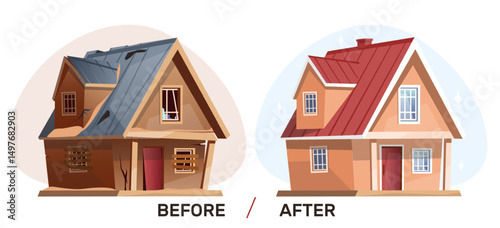 Country house before or after renovation. Residential building repair. Architecture improvement. Real estate. Home maintenance. Roof and windows fix. Property transform. Vector concept