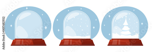 Christmas crystal snow globe. Snowfall and snow covered Xmas tree. Empty glass snowglobe. Winter snowflakes. Holiday celebration gift. New Year decoration. Vector holiday souvenirs set