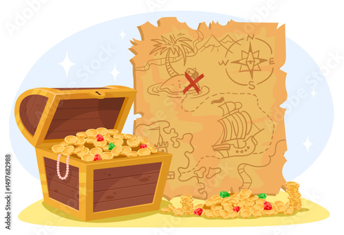 Chest with gold coins and gems. Corsair treasure map are discovered. Ancient paper scroll. Precious gemstones. Ragged parchment. Fabulous wealth location. Wooden box. Vector concept