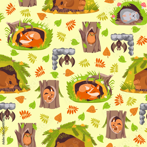 Autumn forest with sleeping animals. Mammals homes seamless pattern. Fauna characters dreaming in burrows. Bear den. Repeated print. Owl nest. Bat in hollow tree hole. Vector background