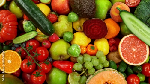 Camera Move, Different Types of Fresh Fruit and Vegetables on a Pile , Close-up