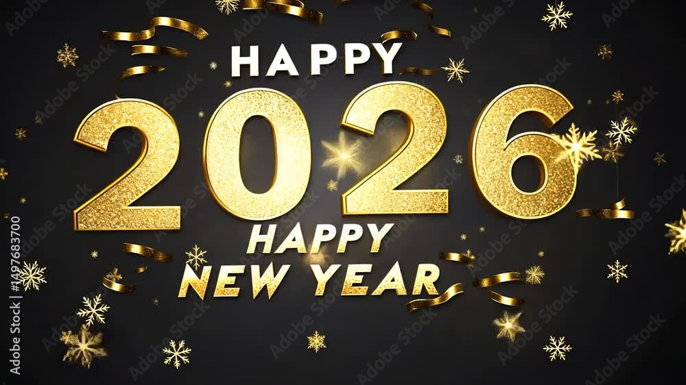 Glittering 2026 New Year greeting; dark background, confetti, snowflakes; card design