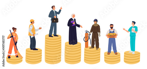 People with different income levels. Comparing different pay of working professions. Salary comparison. Workman standing on gold coins stack. Job payment. Social inequality. Vector concept