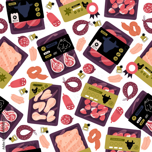 Packaged meat products seamless pattern. Food packaging. Plastic tray with sausages or beef fillets. Butcher shop. Wrapping containers. Pork steak. Repeated print. Vector background