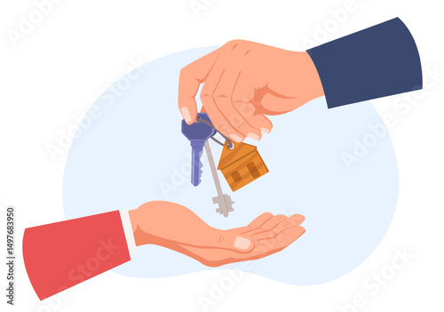 Hand giving house keys to other arm. Home rent or building purchase. Real estate buying. Property keychain holding. Loan or mortgage apartment. Buyer and seller agreement. Vector concept
