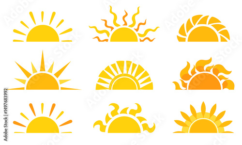 Half sun disk. Sunset or sunrise icon. Summer sunshine. Morning sunlight. Sunny weather. Sky sunshine beams. Yellow semicircle with rays. Daylight shine. Solar heat. Vector symbols set