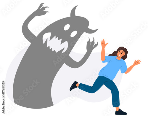 Frightened woman with phobias runs away from monster in fear. Afraid of shadow. Angry phantom. Horror illusion. Scary boogeyman. Panicked person escaping from ghost. Vector concept