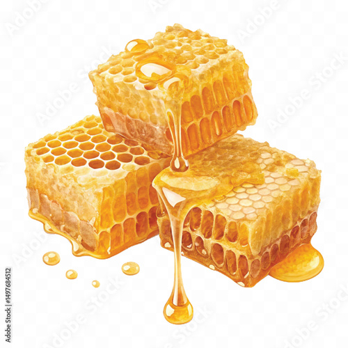 realistic smooth glossy honeycombs with liquid honey drops isolated on transparent background