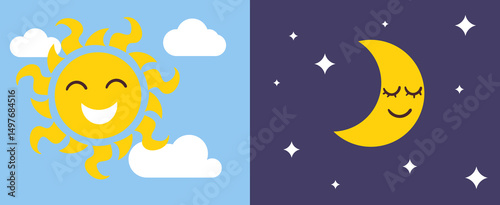 Day and night. Cartoon sun in blue sky. Moon and night stars. Sleeping crescent. Daytime sunlight. Midnight dream. Awaking sunshine. Sunny smile. Nighttime cute moonlight. Vector concept
