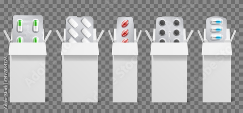 Clean white medicine boxes with medical tablets. 3D pills in blisters. Drugs container mockup. Pharmaceutical realistic packaging. Medication and supplement capsules. Vector packages set