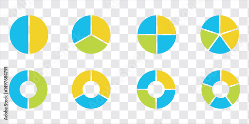 Circle division infographic icon set. Pie chart divided. Color pizza or donut round diagram. Infographic wheel segment and fraction. Vector illustration isolated on white background
