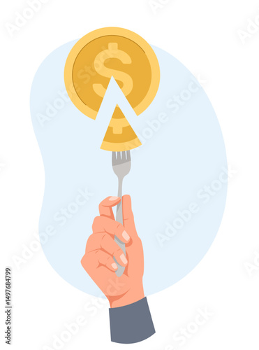 Businessman with fork in hand picks up piece of coin. Split payment for dinner. Dollar cash. Restaurant financial paying. Lunch gratuity or cafe bill. Quarter of money. Vector concept