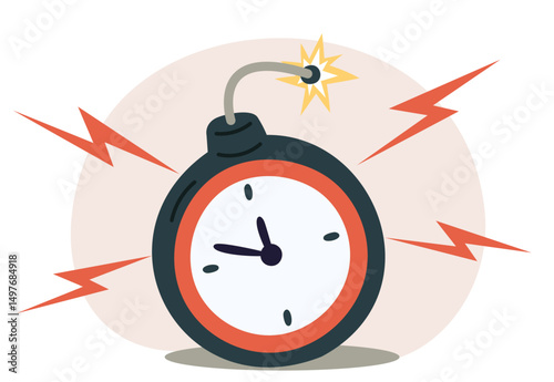 Bomb with burning wick and alarm clock face. Time counting down. Detonator timer. Grenade timepiece. Seconds to detonation. Explosion boom deadline. Minutes countdown. Vector concept