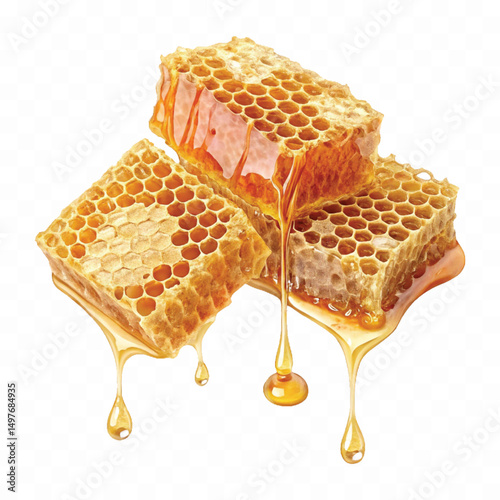 realistic smooth glossy honeycombs with liquid honey drops isolated on transparent background