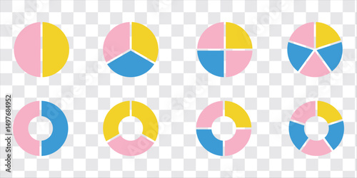 Circle division infographic icon set. Pie chart divided. Color pizza or donut round diagram. Infographic wheel segment and fraction. Vector illustration isolated on white background