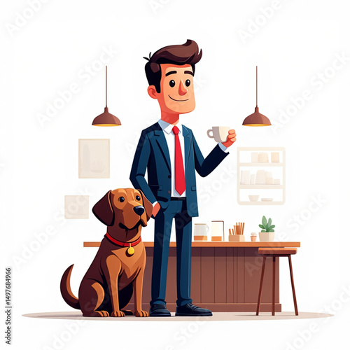 Stylish Businessman Visiting Pet-Friendly Cafe with Dog Vector Illustration