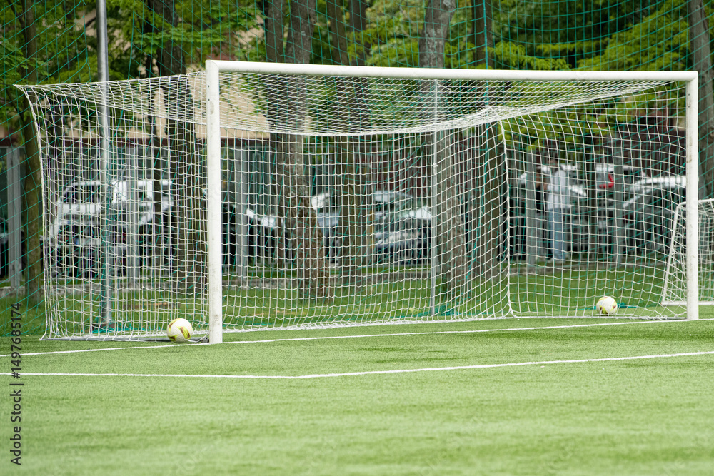 Fototapeta premium A soccer goalpost stands on a vibrant green field, with two yellow and white balls resting nearby. Trees provide shade as players prepare for a game on a sunny afternoon