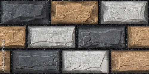 Fototapeta Naklejka Na Ścianę i Meble -  Home decorative 3d elevation wall tiles design, Seamless Ceramic Tiles Designs, Seamless Ceramic Wall tiles design Natural Stone Bricks wallpaper design Home decorative 3d elevation Background.