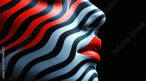 close-up view of woman portrait with zebra pattern and red lip in black background
